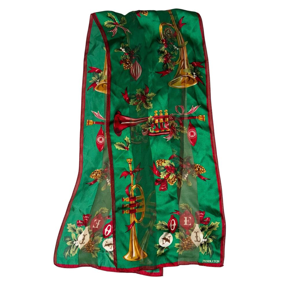 Pendleton Silky Christmas Scarf 10x52 Noel Trumpet Holly Holiday Festive Green